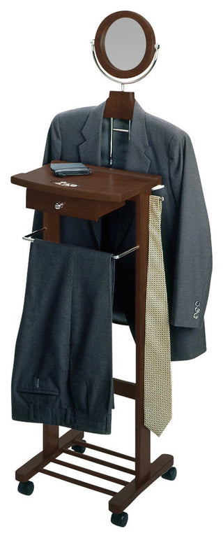 Valet Stand With Mirror, Drawer, Tie Hook, Casters