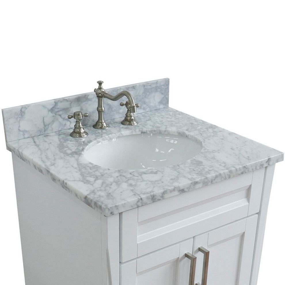 25" Single Sink Vanity, White Finish With White Carrara Marble And Oval Sink