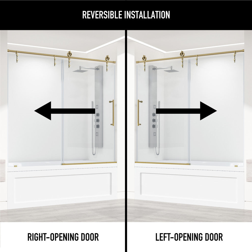 VIGO Hamilton Frameless Sliding, Matte Brushed Gold, Tub Door, 56" to 60" W X 68" H, Clear Glass