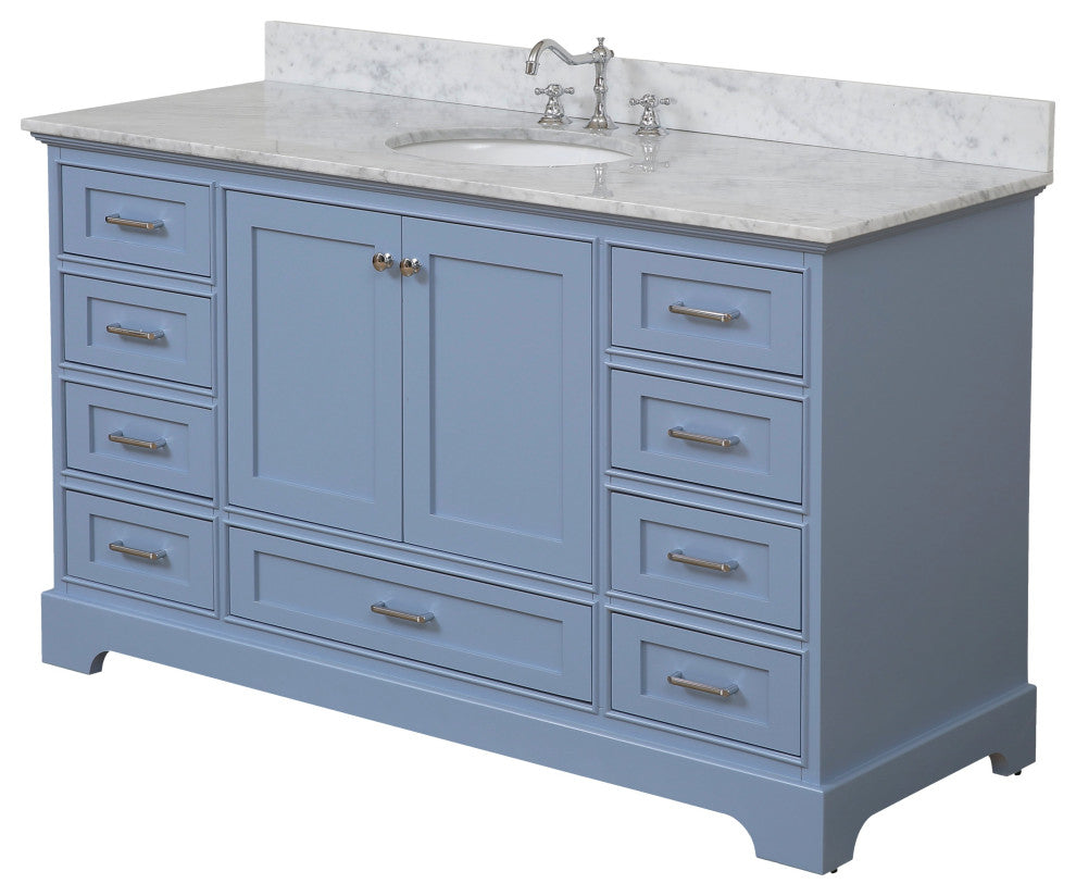 Harper 60" Bathroom Vanity, Powder Blue, Carrara Marble, Single