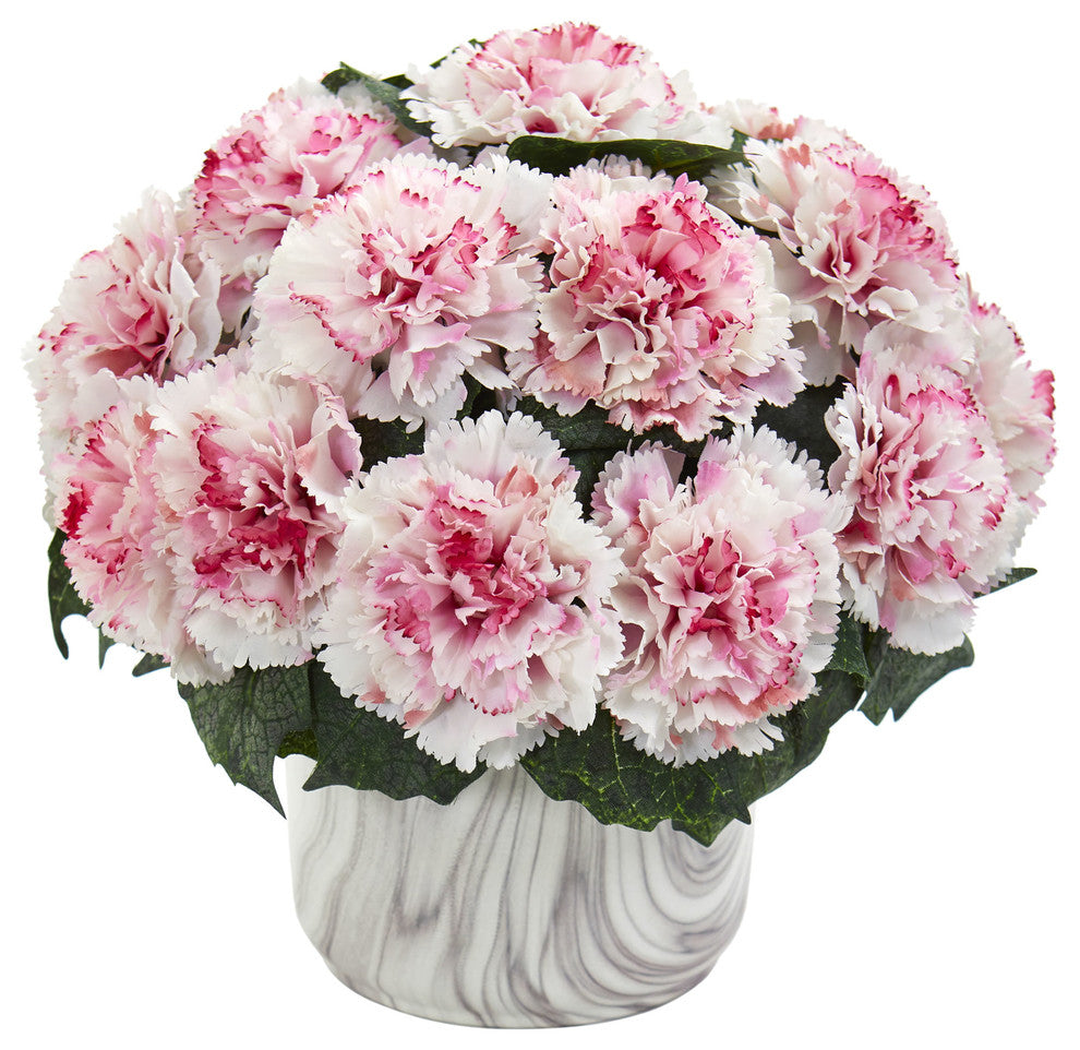 Carnation Artificial Arrangement In Marble Finished Vase White Mauve