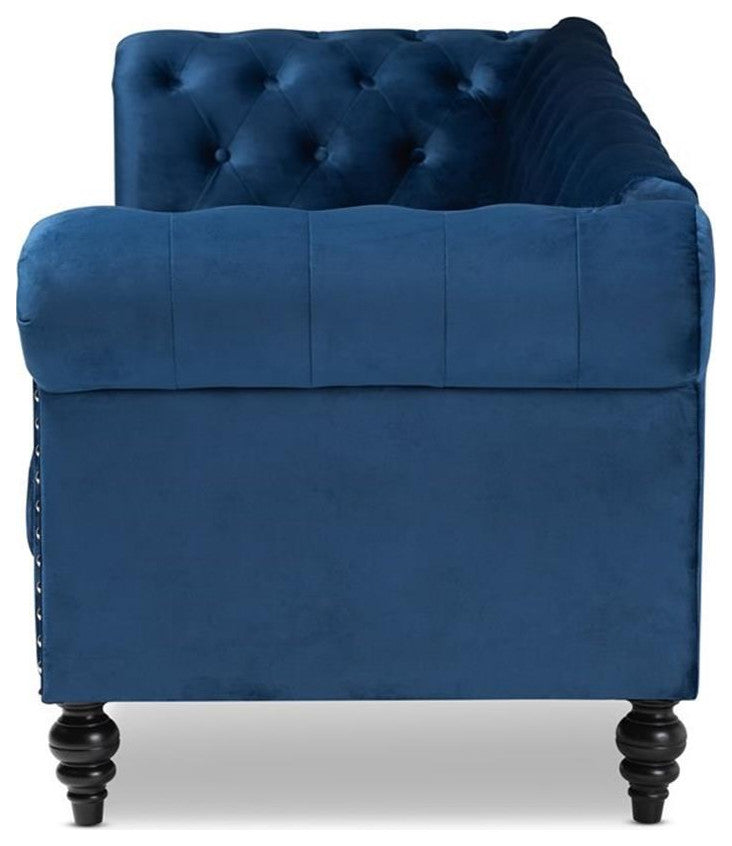 Bowery Hill Navy Blue Velvet Upholstered Button Tufted Chesterfield Sofa