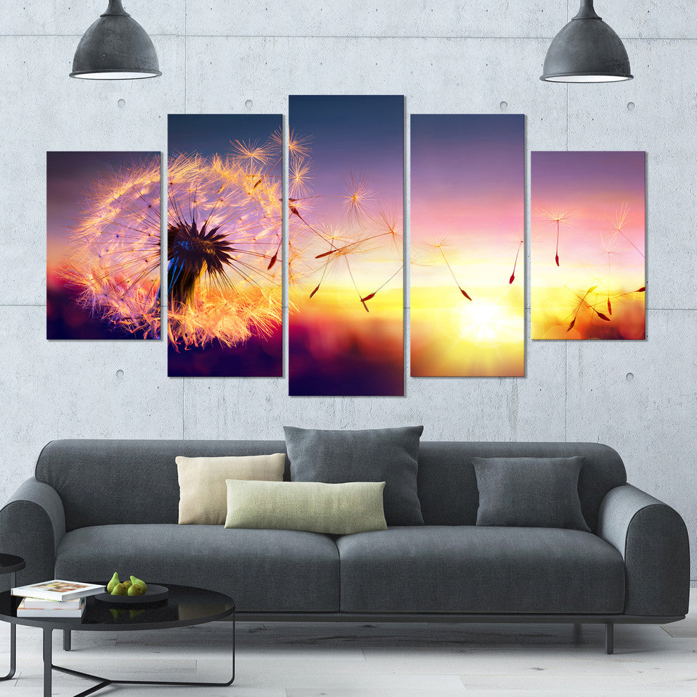 Dandelion at Sunset Freedom to Wish, Abstract Wall Art Canvas, 60"x32", 5 Panels
