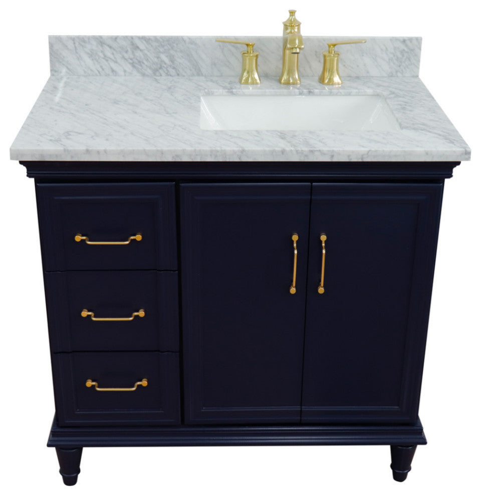 37" Single Vanity, Blue Finish With White Carrara