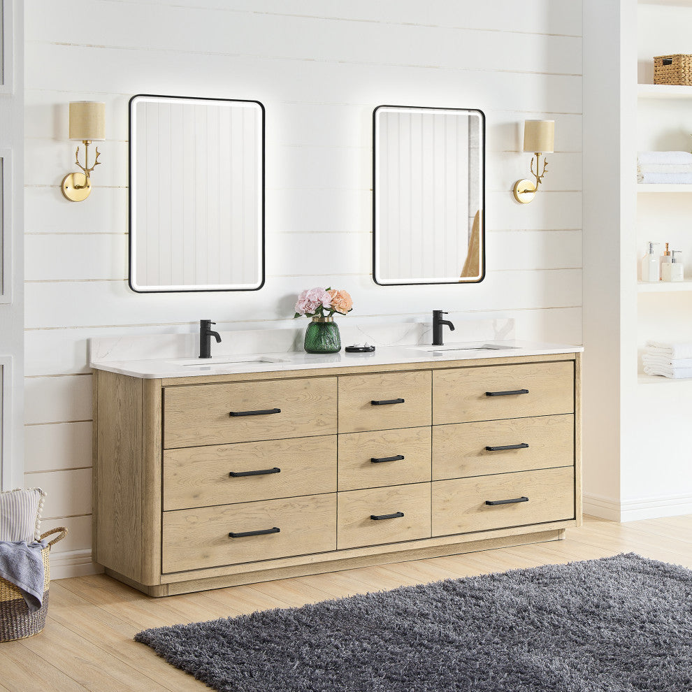 Porto Bath Vanity with White Quartz Stone Top, Natural Oak, 84 in., No Mirror