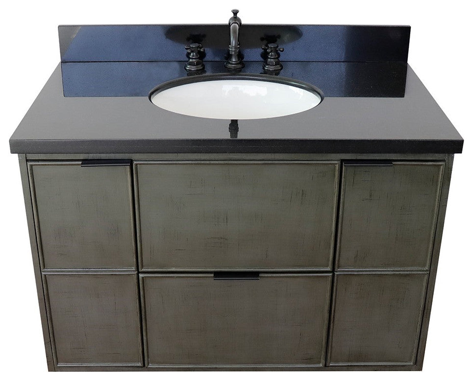 37" Single Wall Mount Vanity, Linen Gray Finish With Black Galaxy Top