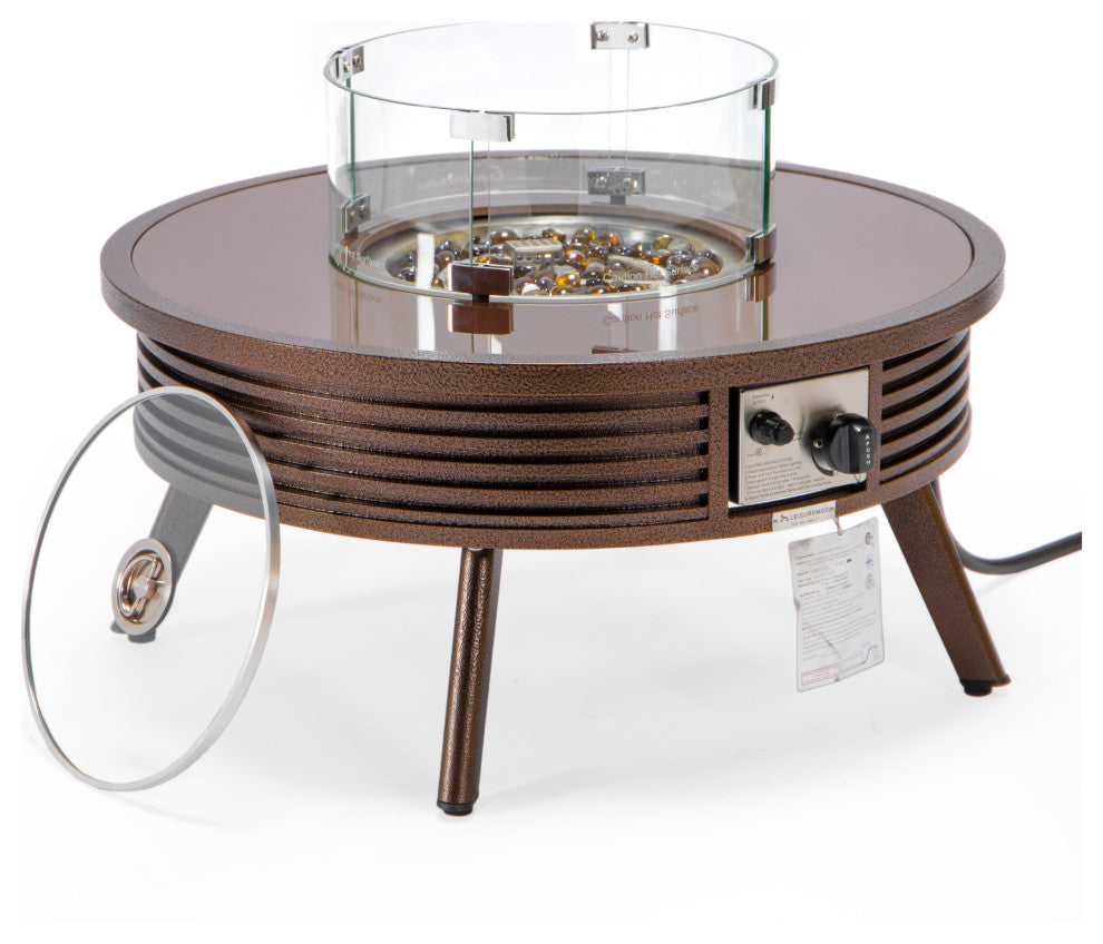 Leisuremod Walbrooke Patio Round Fire Pit Table With Aluminum Slats Frame, Brown