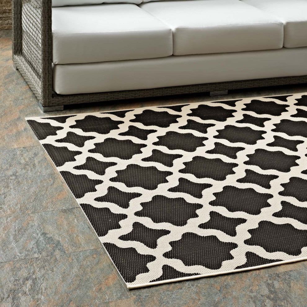 Cerelia Moroccan Trellis 9x12 Indoor and Outdoor Area Rug, Black and Beige