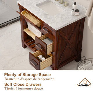 Freestanding Bath Vanity in Brown with White Carrara Marble Top, 36in