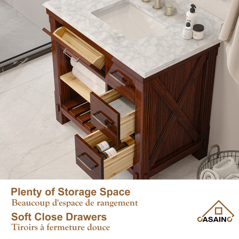 Freestanding Bath Vanity in Brown with White Carrara Marble Top, 36in