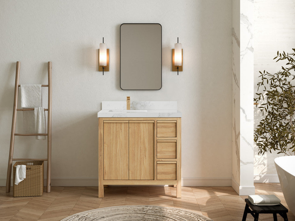 Elizabeth 36 Left Offset Bath Vanity in Light Natural Teak 2" Calacatta Nuvo