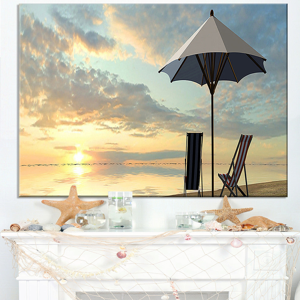 "Deck Chairs And Umbrella On Beach" Modern Seascape Canvas Artwork, 32"x16"