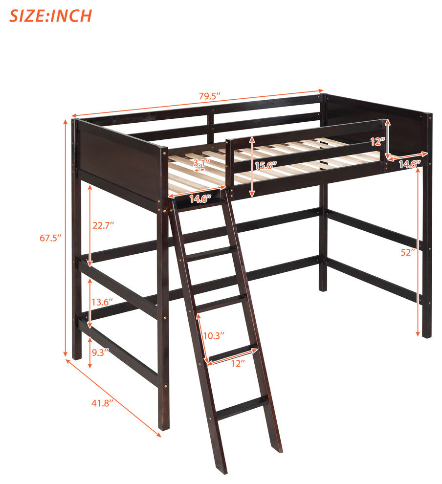 Gewnee Solid Wood Twin Size Loft Bed with Ladder in Espresso