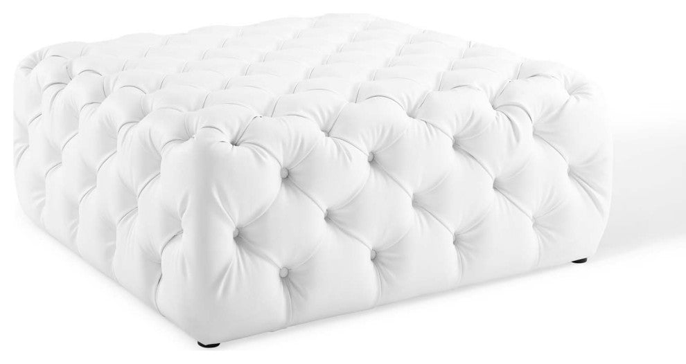 Anthem Tufted Button Large Square Faux Leather Ottoman White