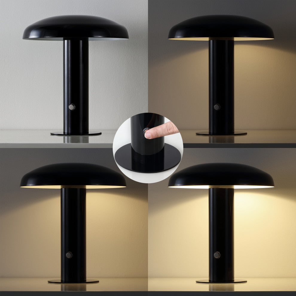 Suillius 11" Rechargeable/Cordless Iron Integrated Mushroom Table Lamp, Black