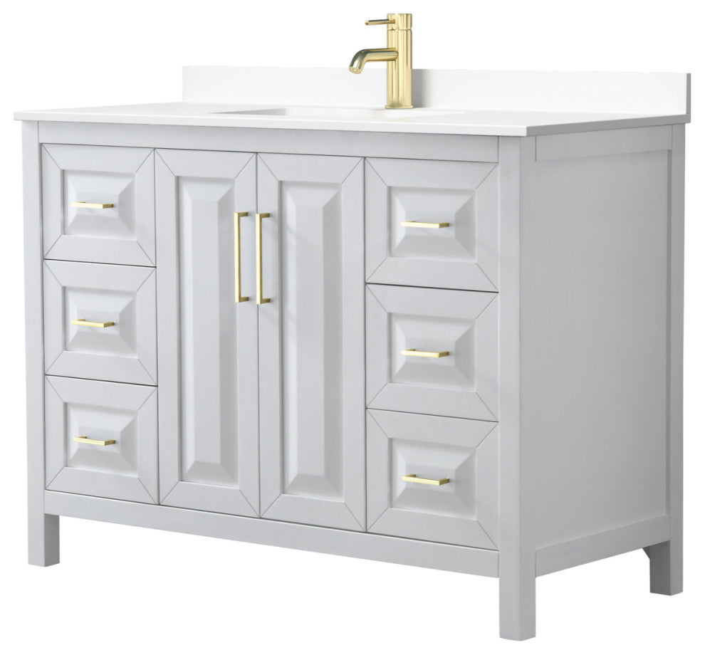 48" Single Bath Vanity, White, White Cult. Marble Countertop, Sink, Gold Trim
