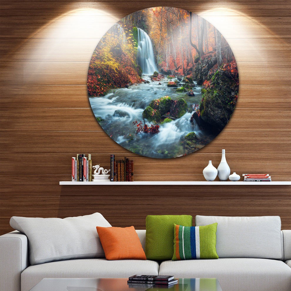 Autumn Mountain Waterfall Long View, Landscape Round Wall Art, 11"