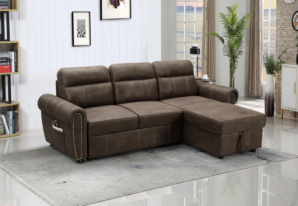 Hugo Brown Reversible Sleeper Sectional Sofa Chaise With USB Charger