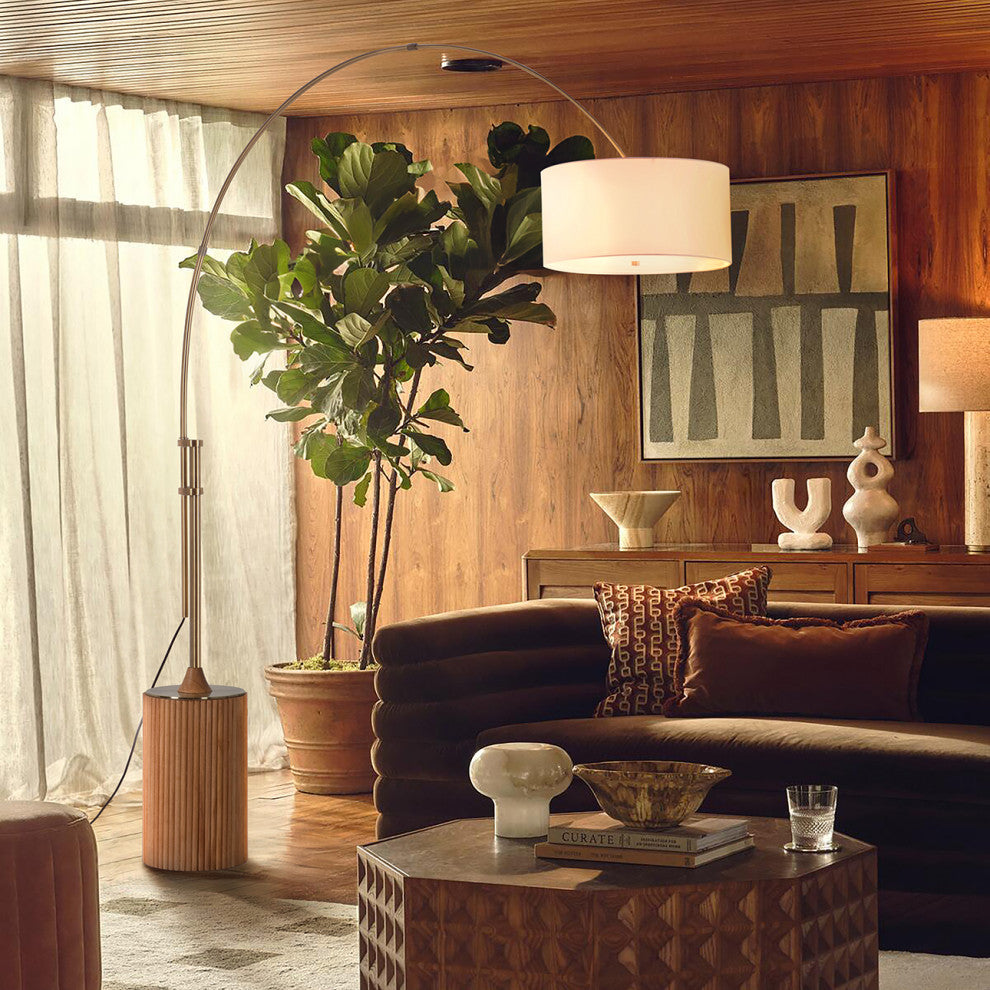 Tambo Arc Floor Lamp, Natural Ash Wood Finish, Weathered Brass