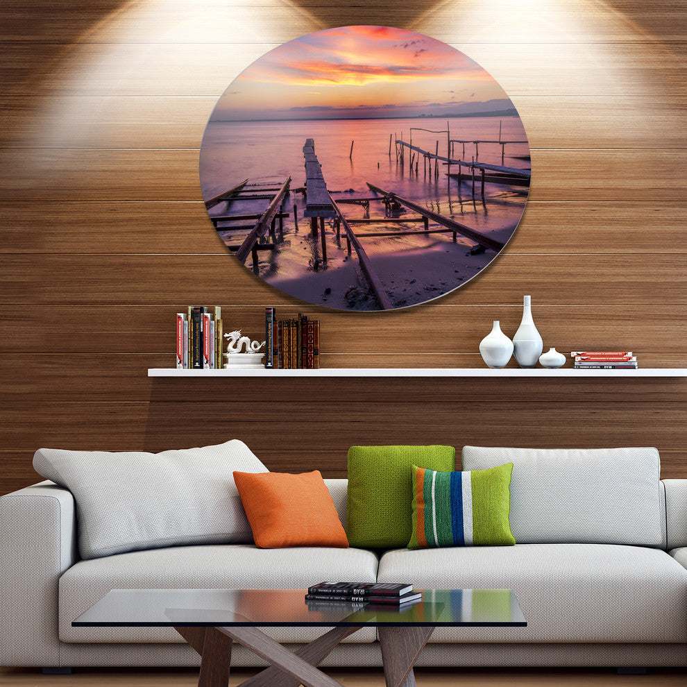 Fishing Pier In Sea At Sunset, Seashore Disc Metal Artwork, 23"