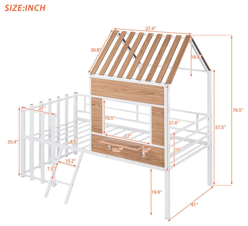 Gewnee Metal Twin Loft Bed with Roof, Window and Ladder in White