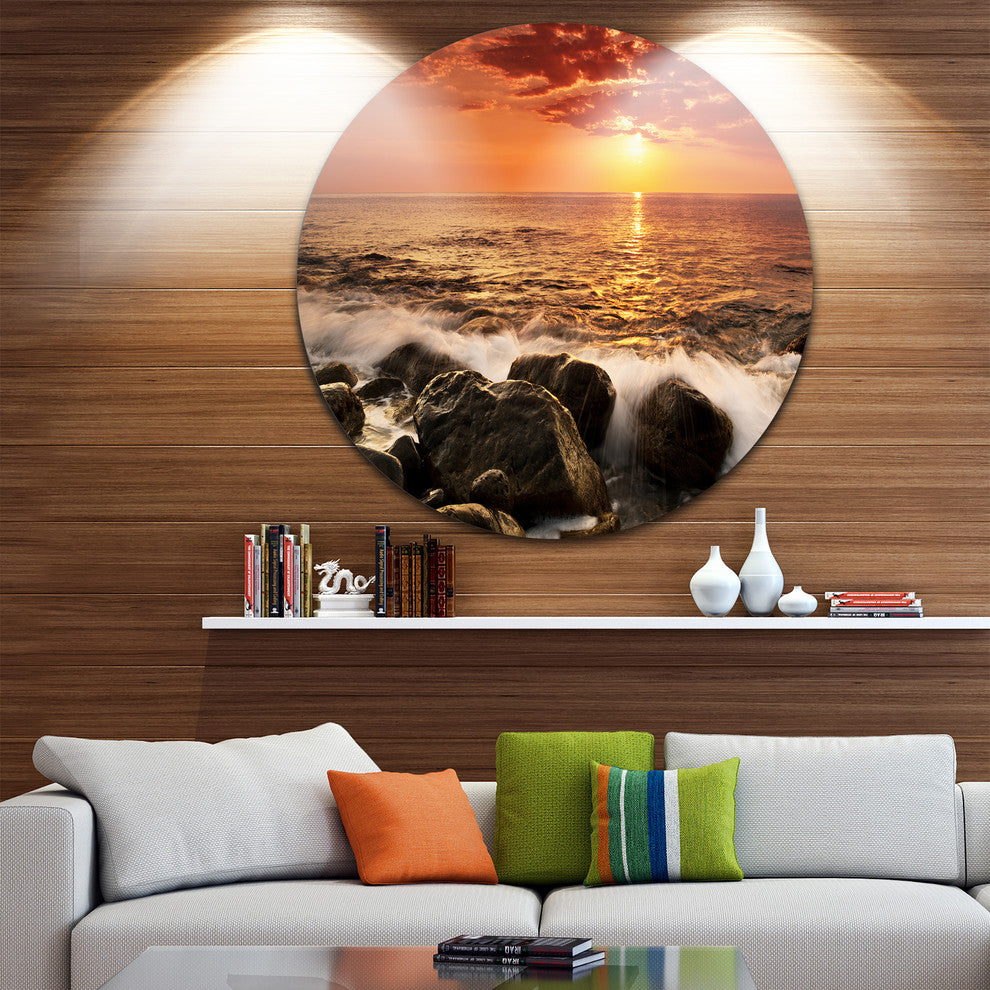 Bright Sunset Over Rocky Shore, Seashore Large Disc Metal Wall Art, 23"