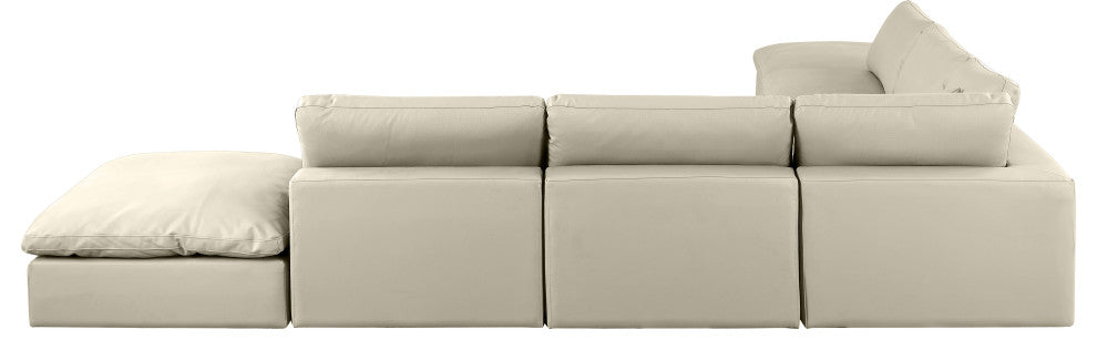 Comfy Upholstered L-Shaped Modular Sectional, Cream, 7-Piece: 4 Armless Chair, 1 Corner Chair, 2 Ottoman, Vegan Leather