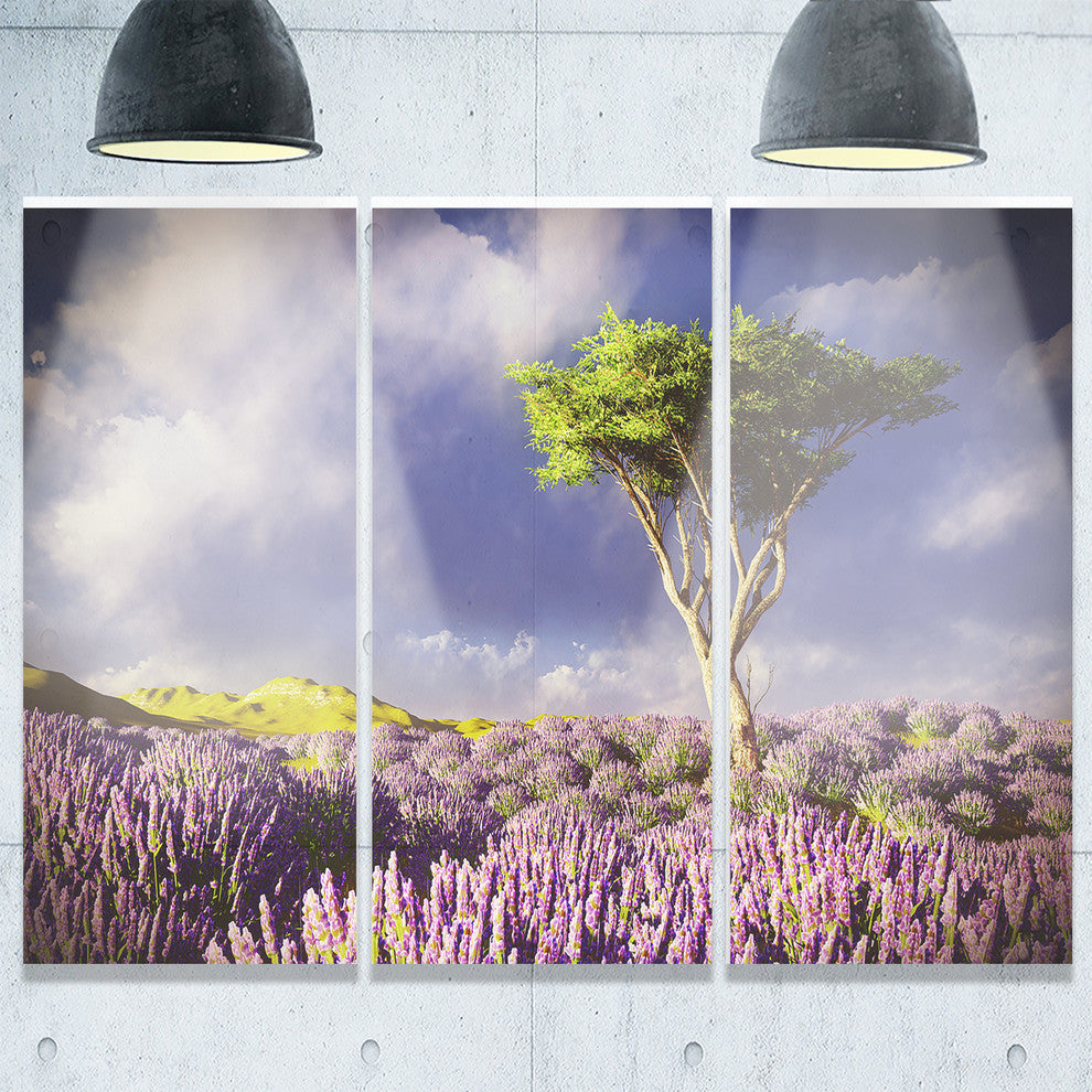 "Green Tree in Lavender Field" Metal Wall Art, 3 Panels, 36"x28"