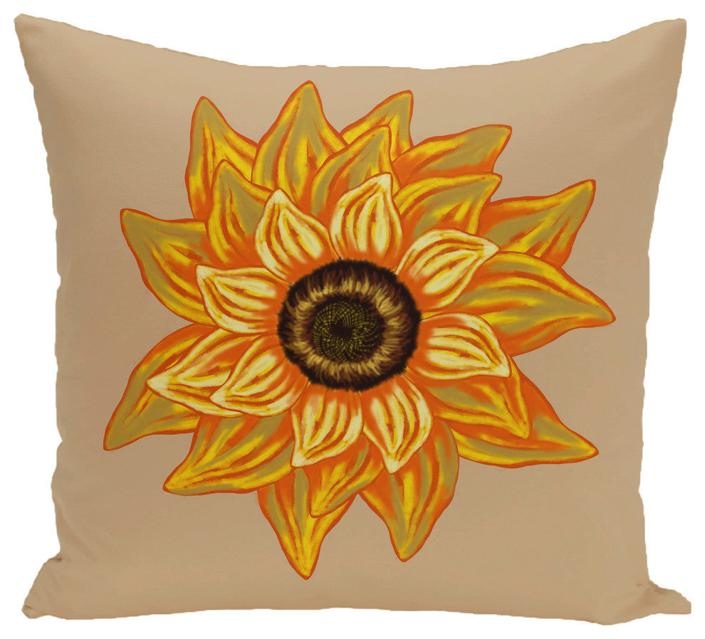 El Girasol Feliz Flower Print Pillow, Beige And Taupe, 20"x20"