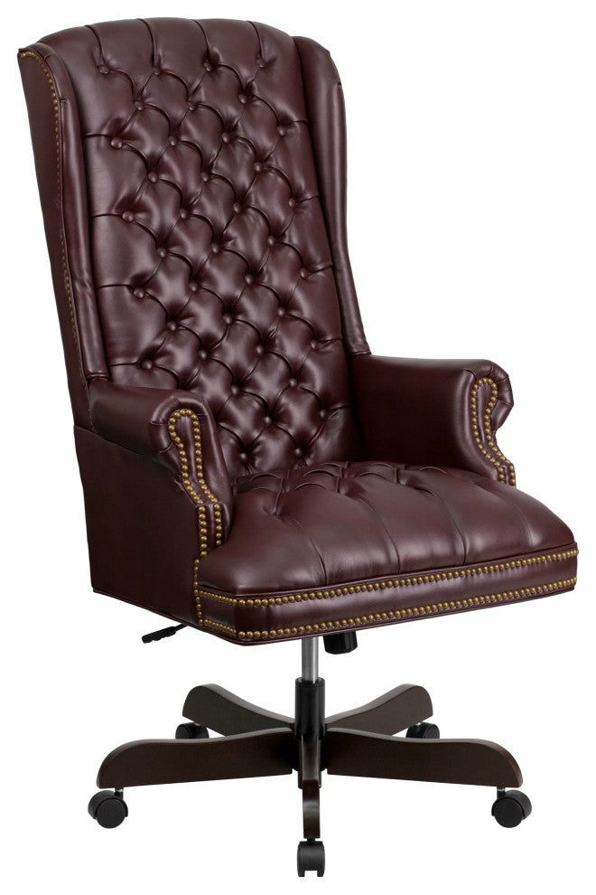 Classic Office Chair, Button Tufted Back & Rolled Arms With Nailhead, Burgundy