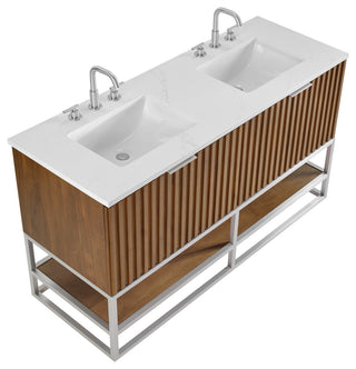 Terra Bathroom Vanity, Walnut/Brushed Nickel, 60", Calacatta Quartz Top