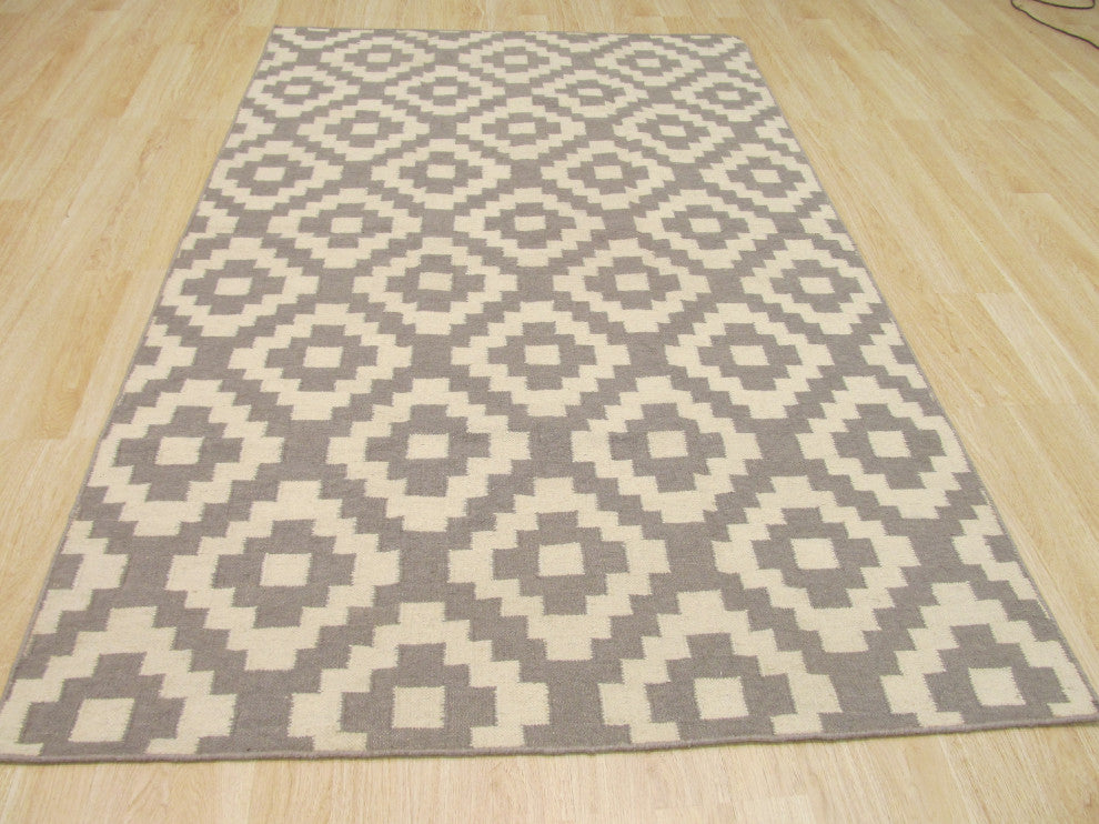Handmade Wool Gray Contemporary Trellis Flatweave Reversible Moroccan Rug, 12'x15'