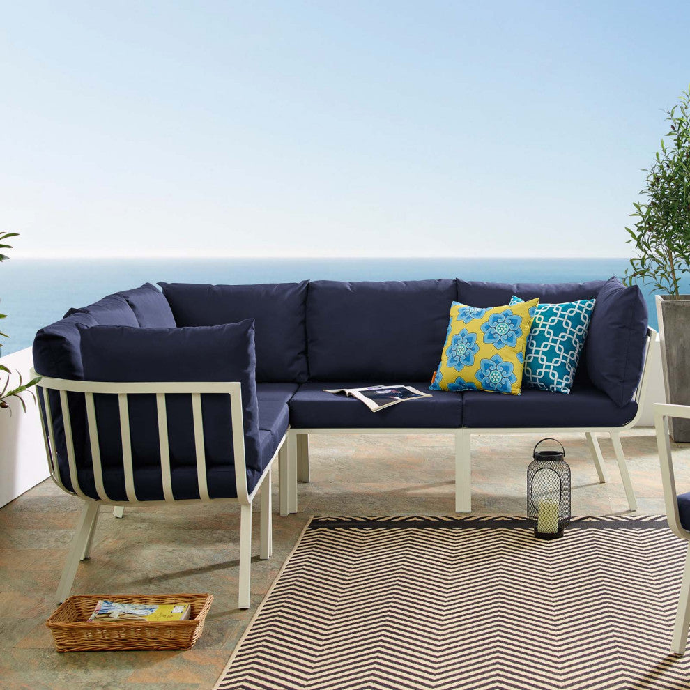 Lounge Sectional Sofa Chair Set, Aluminum, Metal, White Blue Navy, Outdoor
