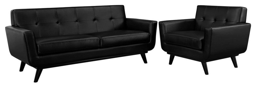 Modern Urban Contemporary 2-Piece Set Leather Living Room Set, Black Leather