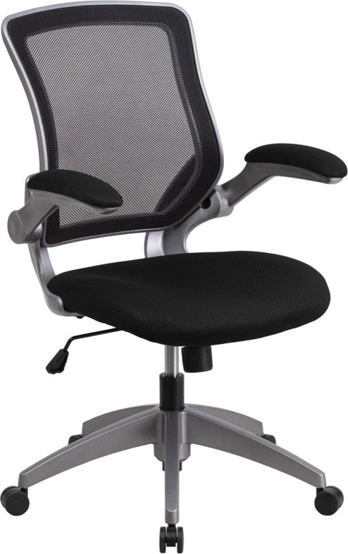 Mid-Back Mesh Swivel Task Chair With Gray Frame and Flip-Up Arms, Black, 25.25"