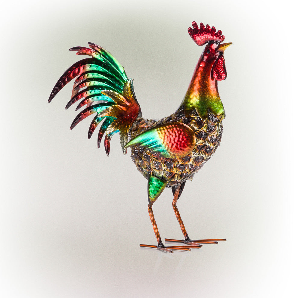 Glossy Metal Rooster Decor with Turquoise Tail
