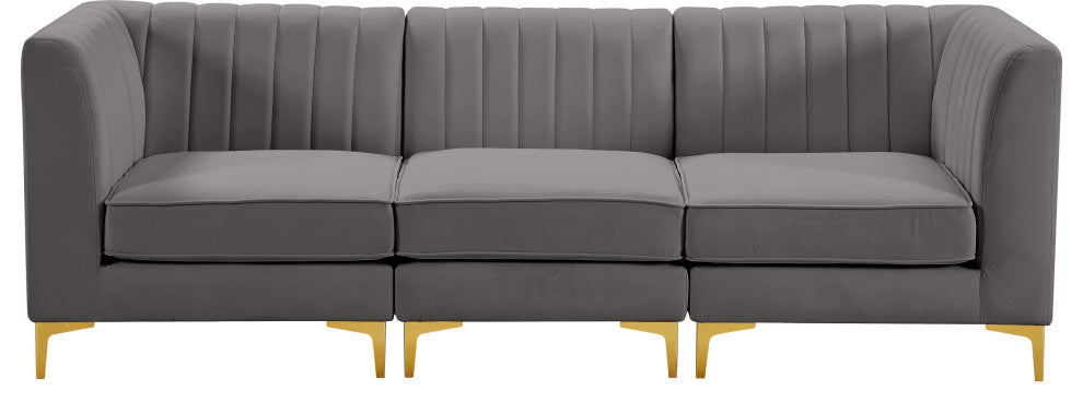 Alina Velvet Upholstered 3-Piece Modular Sofa, Grey