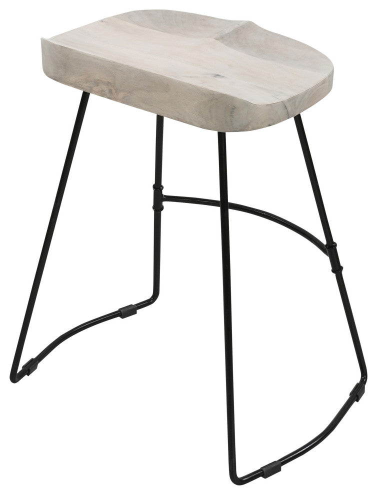 24" Backless Counter Stool Whitewashed Mango Wood Saddle Seat Black Metal