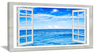 "Window Open To Blue Wavy Ocean" Seashore Wall Art, 32"x16"
