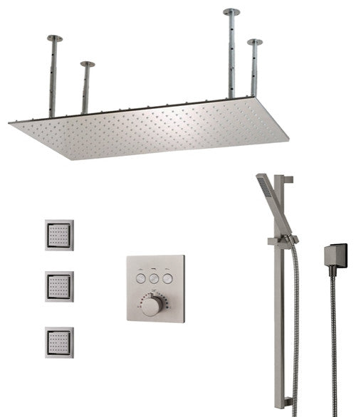 Monreale 20"x40" Brushed Nickel Rainfall Shower System and 3 Body Jets, Non Led