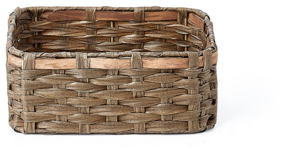 3-Piece Set Rectangle Faux Wicker Storage Baskets with Woodstrip Edge, Tan