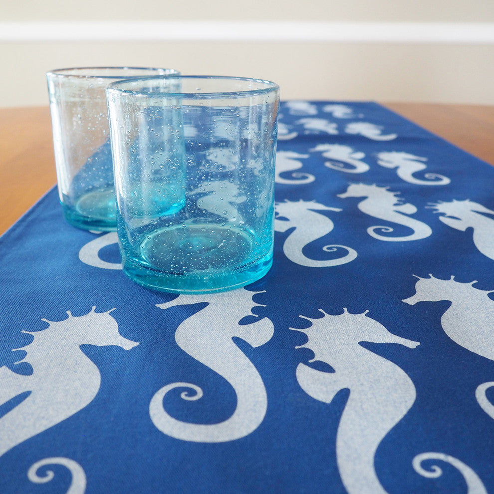 Seahorse Eco Coastal Table Runner, 16"x90", Blue