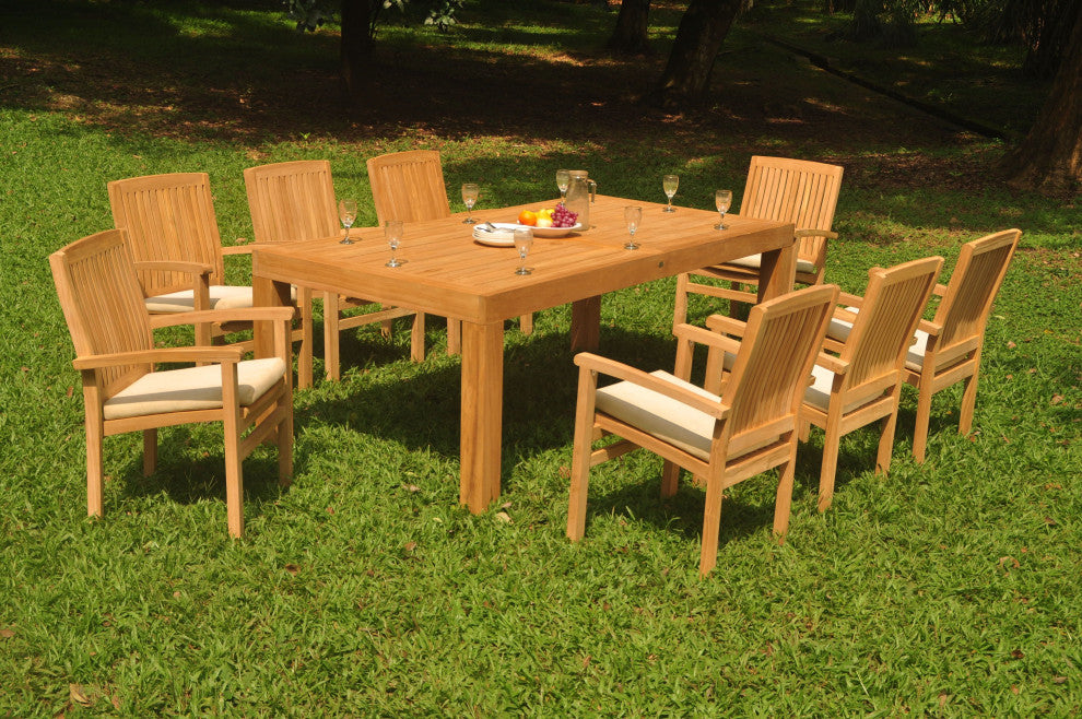 9-Piece Outdoor Teak Dining Set: 86" Rectangle Table, 8 Wave Stacking Arm Chairs