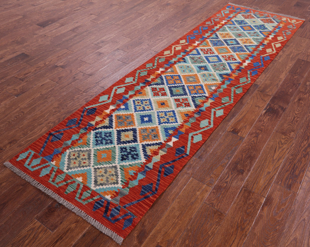 2' 10" X 9' 9" Reversible Kilim Flat Weave Wool On Wool Runner Rug - Q12564