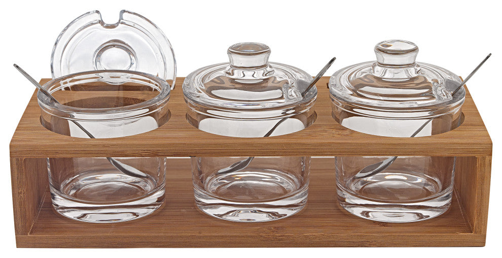 Glass Jam Set With 3 Glass Jars And Spoons On A Wood Stand