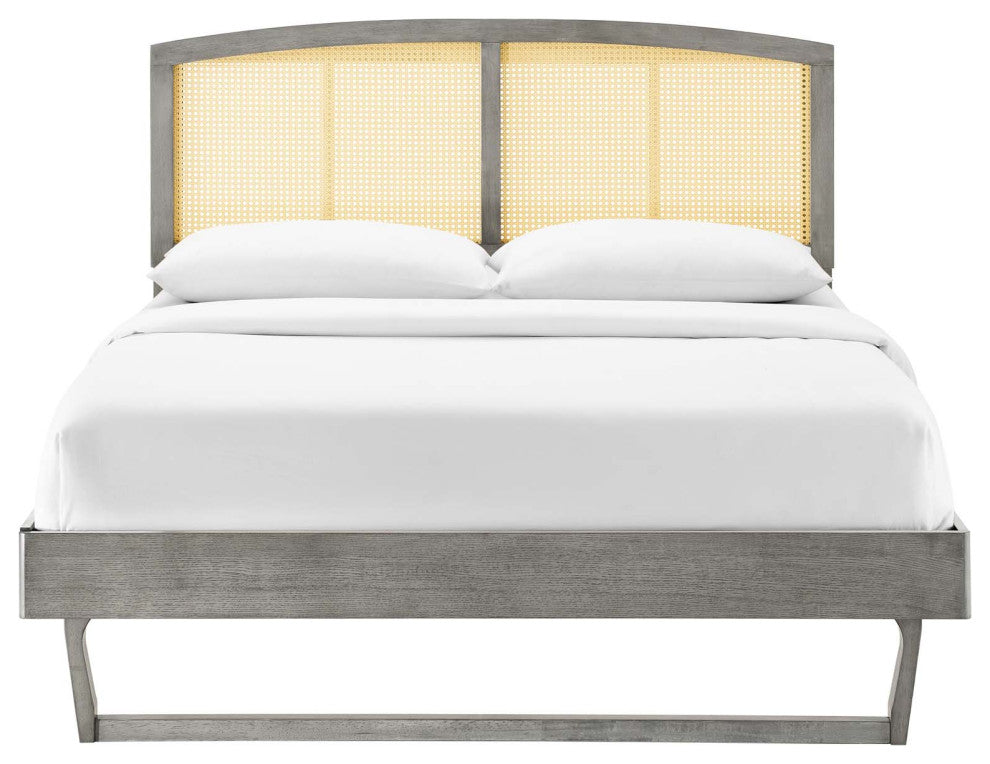 Platform Bed Frame, Full Size, Wood, Gray, Modern Mid-Century, Bedroom