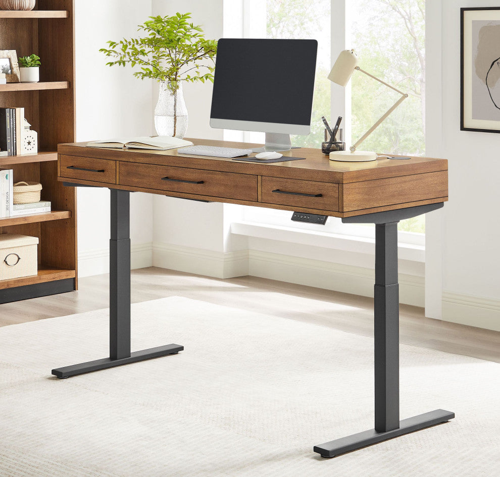Modern Electric Sit/Stand Desk, Height Adustable, Rich Medium Brown