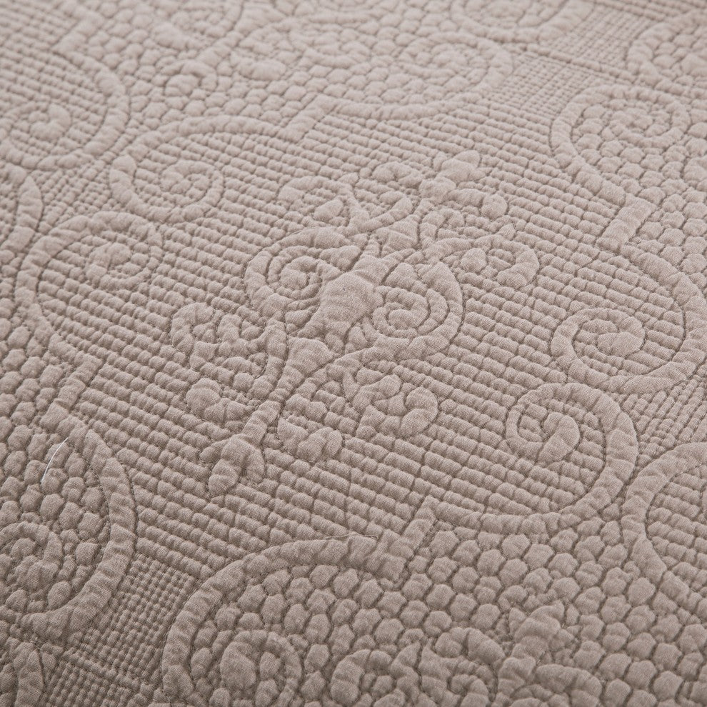 Neutral Beige Sand Dollar Floral Embossed Textured Quilted Bedspread Set, Full