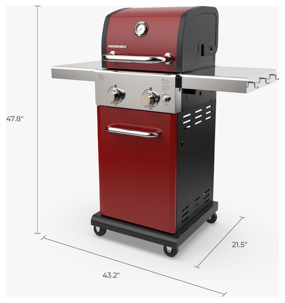 Permasteel 2 Burner Gas Grill with Folding Side Shelves, Red