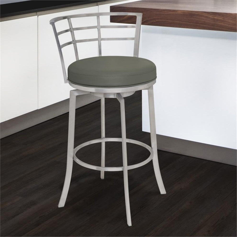 Armen Living Dione 26" Metal & Faux Leather Swivel Counter Stool in Gray/Chrome